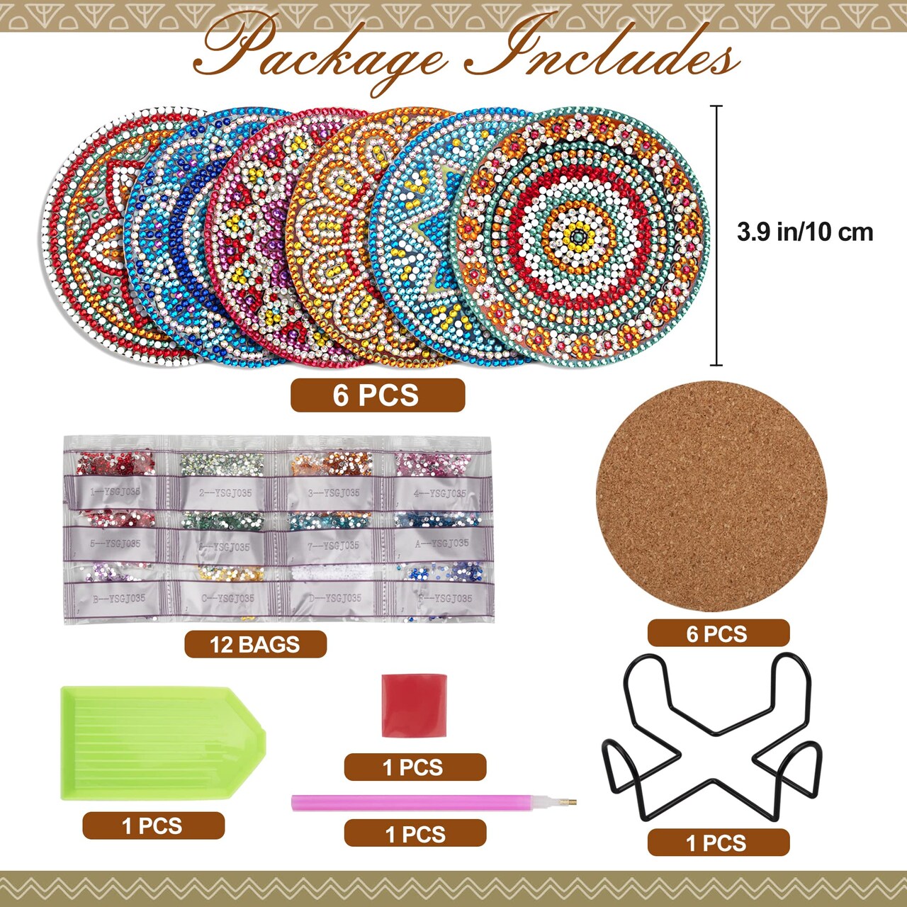 6 Pieces Diamond Painting Coasters with Holder, Mandala Diamond Art Coasters Kits for Beginners, Adults Small Diamond Painting Kit Art Craft Supplies